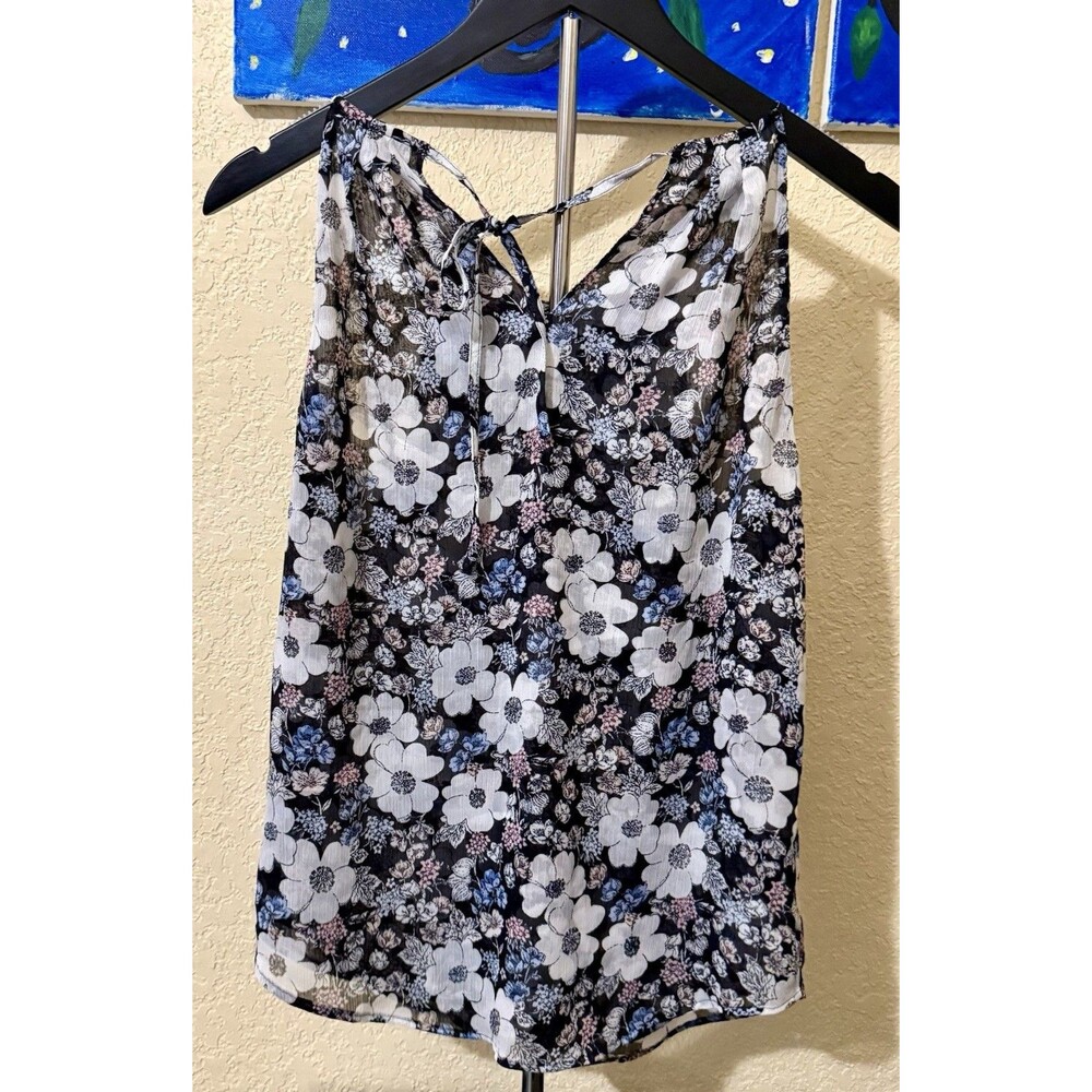 Ann Taylor Black Floral Halter Top With White Flowers Size PS Tunic Flowy Blouse - Picture 2 of 7